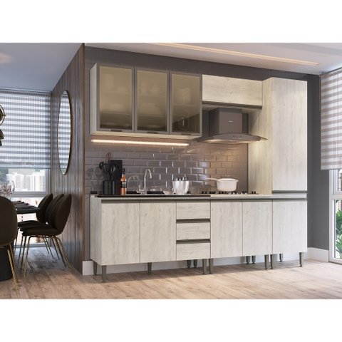 Cozinha Americana Completa Modulada Greta 5 peças 3 Portas de Vidro- Crema - Megasul