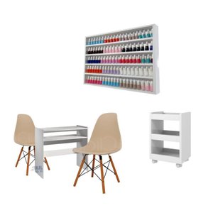 Conjunto Mesa Manicure + Porta Esmaltes Prateleira + Carrinho Auxiliar + 2 Cadeira Eames Fendi AJL S