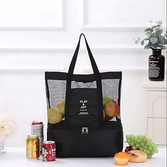 Bolsa de Praia Térmica Grande com Cooler e Alça para Viagem Passeio e Piscina:preto - 2