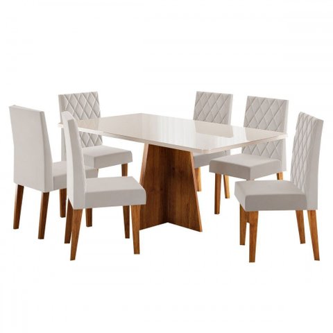 Mesa de Jantar 6 Lugares Antonella com Vidro Mel/off White/veludo Pastel - Viero Móveis
