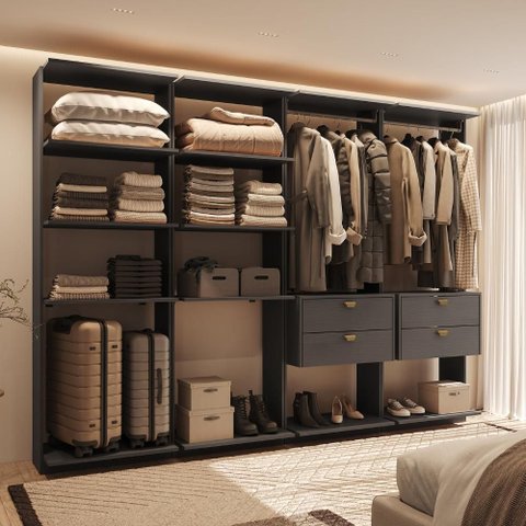 Guarda-Roupas Closet Modulado Alasca One 240cm 4 Peças com 4 Gavetas e Cabideiros Preto Touch