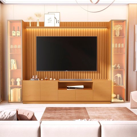 Estante Home Theater para TV até 84 Polegadas Ripado com Vidro Reflecta e LED 100% MDF 219CMX305CM Vitoria Regia Yescasa Nature