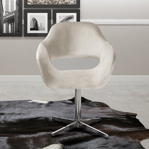 Poltrona Decorativa Zara Pé Giratório de Metal Sala Recepção Bege Claro