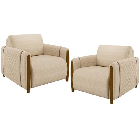 Kit 02 Poltronas para Sala de Estar Pés de Madeira Base Fixa Flora M03 Linho Bege - Lyam Decor