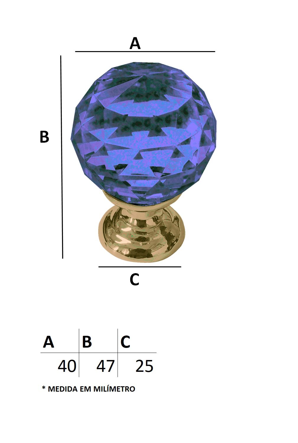 Puxador Cristal - IL 4501 - Dourado - Azul - 40MM - 2