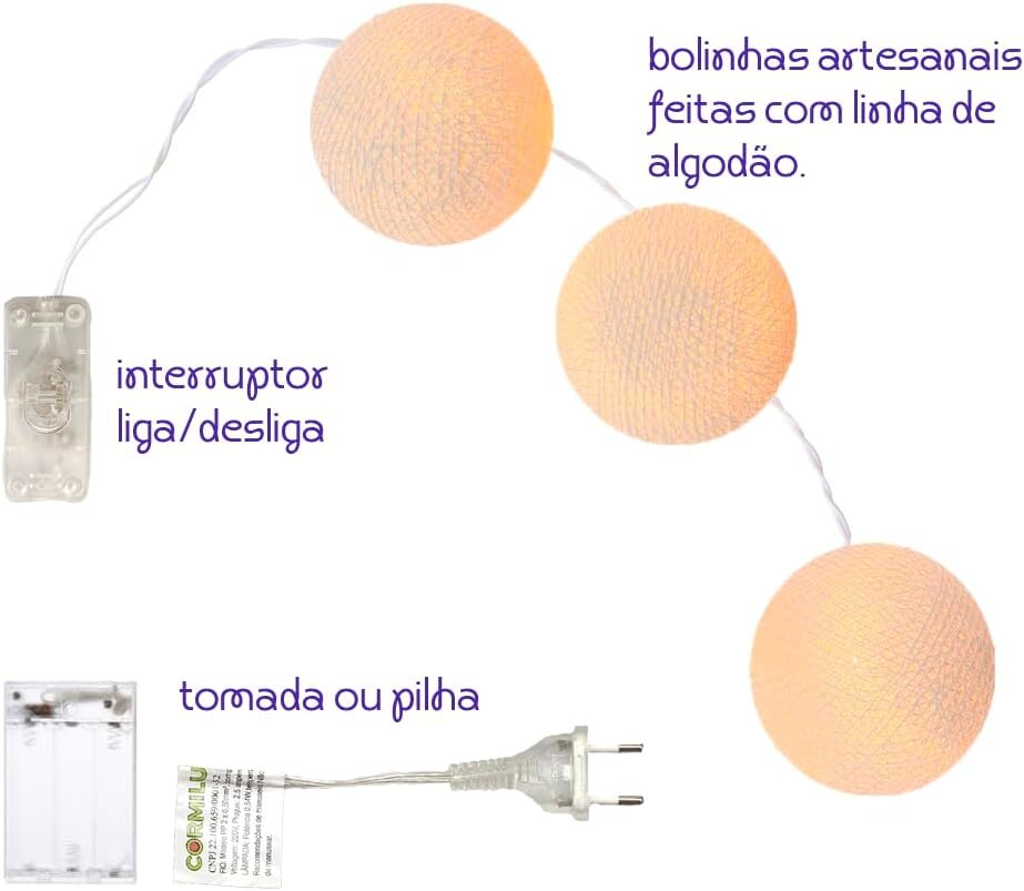 Bolinhas de Luz Cormilu Led, À Pilha, 20 Bolas, 2.8m, (off White Bege) - 5