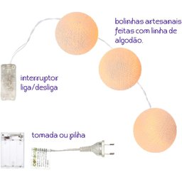 Bolinhas de Luz Cormilu Led, À Pilha, 20 Bolas, 2.8m, (off White Bege) - 5