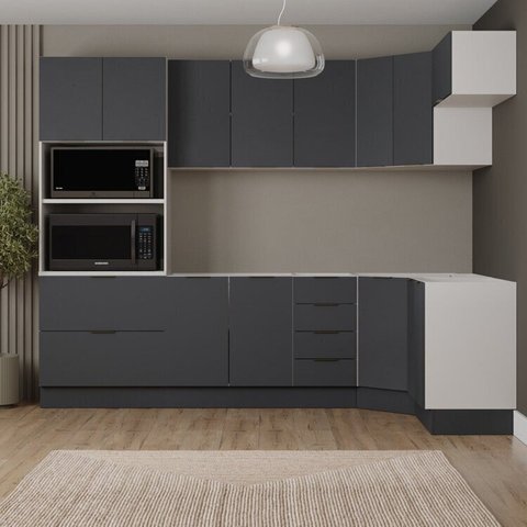 Cozinha Modulada 7 Peças sem Tampo com Rodapé Ipanema CabeCasa MadeiraOriginals Cinza/Grafite Trama