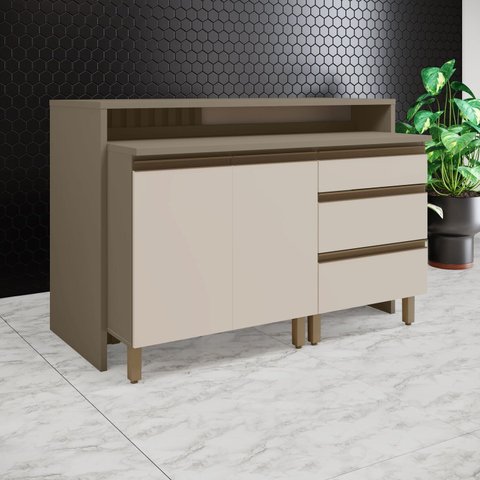 Kit Ilha Gourmet 2 Portas 3 Gavetas com Tampo Connect Bege/Duna/Cristal