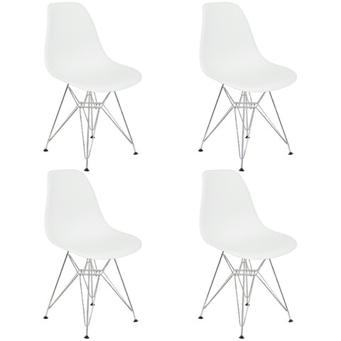 Kit 4 Cadeiras Charles Eames Eiffel Base Metal Cromado Branca