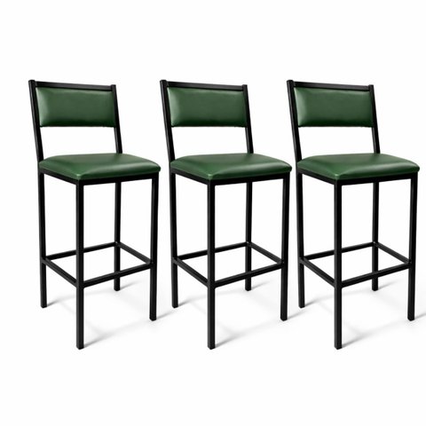 Banqueta Flora Altura 65cm com Reforço Preta Assento e Encosto Verde Kit 3 Unidades