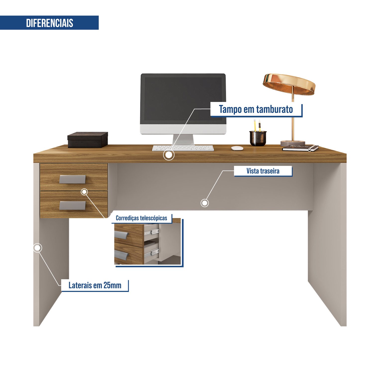 Escrivaninha Mdp 1,30m 2 Gavetas para Escritório Moderna:cacao-lamina Mel - 5