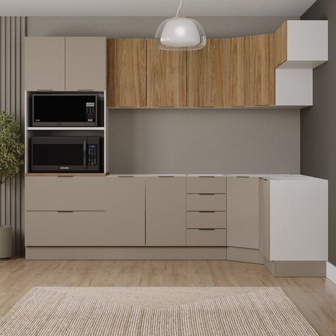 Cozinha Planejada 7 Peças sem Tampo com Rodapé Ipanema CabeCasa MadeiraOriginals Marrom/Fendi Trama/Acácia
