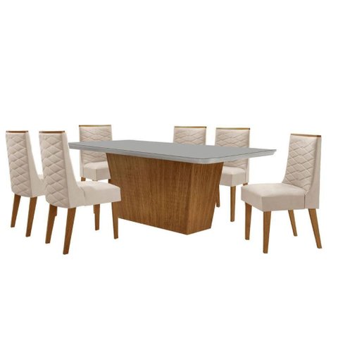 Mesa para Sala de Jantar Aida com 6 Cadeiras Safira Moderna Veludo Creme/off White/imbuia