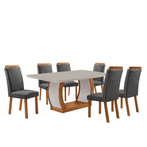 Mesa de Jantar Milena 180cm Tampo MDF Vidro Canto Copo com 6 Cadeiras Aline