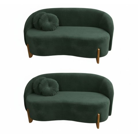 Kit 02 Sofás Orgânicos 2 Lugares C/2 Almofadas Curvo Sala Recepção Amsterdã Veludo Verde - Montanari