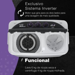 Lavadora de roupas 2 em 1 Twin Tub - 10 Kg - Lava 6 Kg e Centrifuga 4 Kg - Praxis - 127v - 6