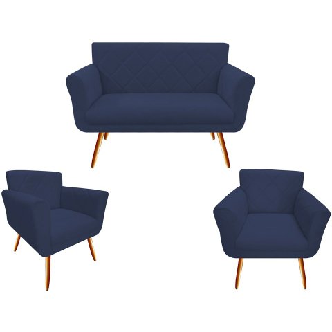 Kit Namoradeira + 2 Poltronas Decorativa Sabrina Suede Azul Marinho Pés Madeira Ms Decor