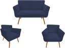 Ver imagem 1 de Kit Namoradeira + 2 Poltronas Decorativa Sabrina Suede Azul Marinho Pés Madeira Ms Decor