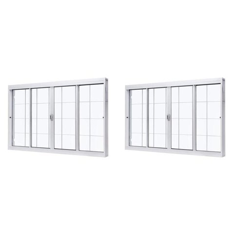 Kit com 2 Janelas de Aço de Correr Central 100x150cm 4 Folhascom Grade Quadriculada e Vidro Liso