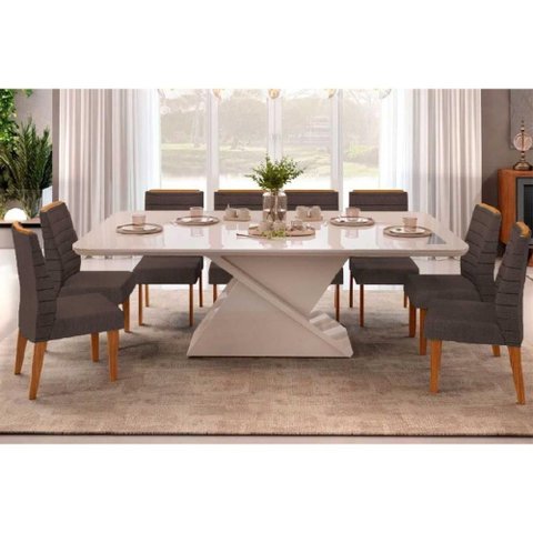 Conjunto: Mesa Sala Jantar Zafira c/ Tampo Madeirado c/ Vidro Curvo 200x100cm e 8 Cadeiras Ondina