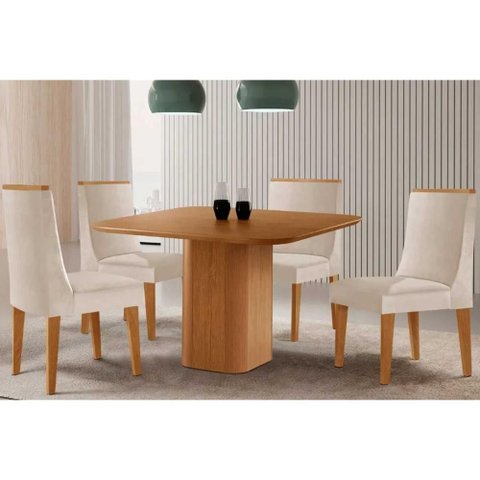 Conjunto: Mesa Sala Jantar Maldivas C/ Tampo Madeirado Canto Curvo 90x90cm e 4 Cadeiras Dakota