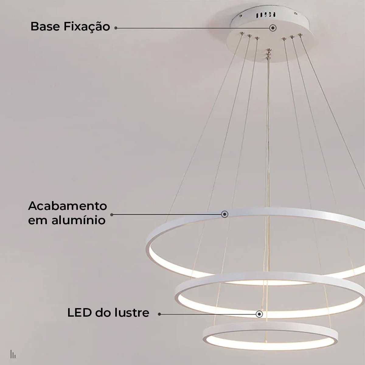 Lustre Led Moderno Pendente Anéis Led 89w 3 Arcos Branco - Brinovar - 4