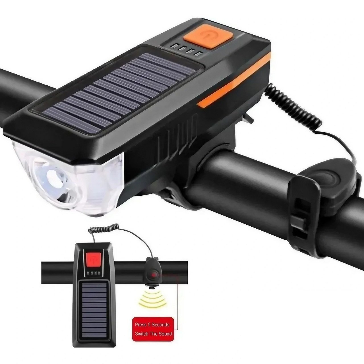 Lanterna Bike Recarregável Usb C/ Buzina Solar Display De Energia T6:Laranja