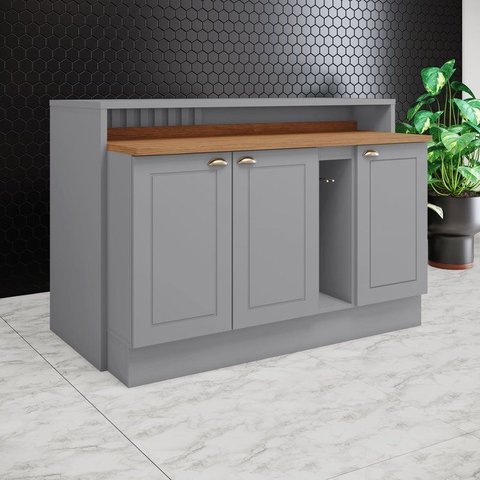 Bancada Ilha Gourmet 146cm 100% MDF com Tampo e Balcão Porta Toalha Cinza/Nature Americana