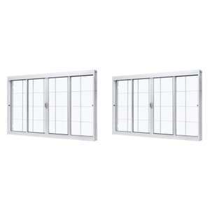 Kit com 2 Janelas de Aço de Correr Central 100x120cm 4 Folhas com Grade Quadriculada e Vidro Liso