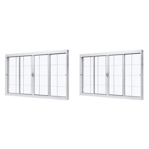 Kit com 2 Janelas de Aço de Correr Central 100x120cm 4 Folhas com Grade Quadriculada e Vidro Liso