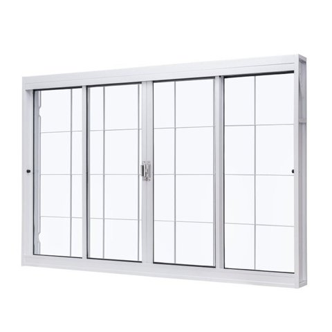 Kit com 2 Janelas de Aço de Correr Central 100x120cm 4 Folhas com Grade Quadriculada e Vidro Liso Branco Ramassol