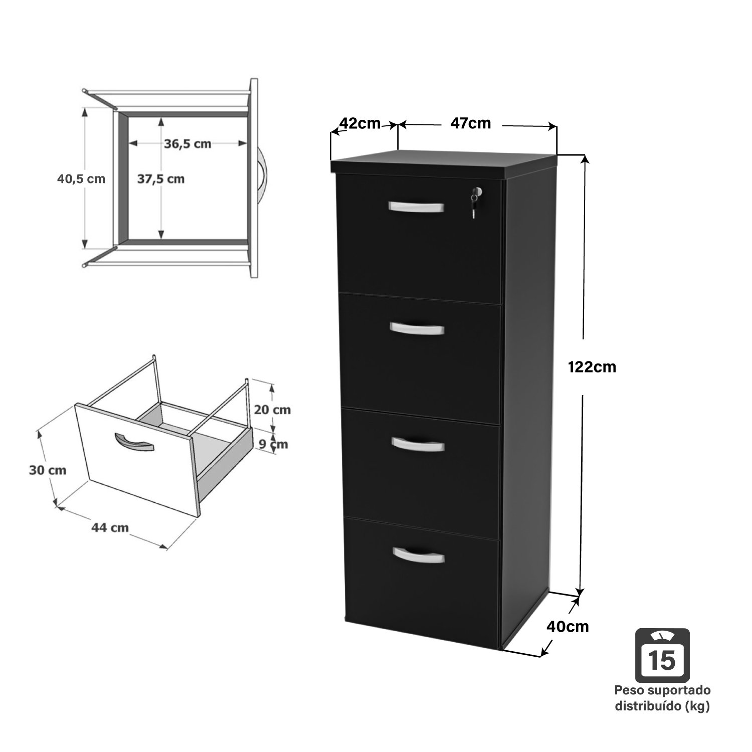 Arquivo 4 Gavetas 30mm - Preto - 5