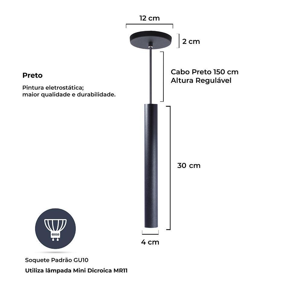 Kit 2 Pendente Tubo Preto 30 Cm+Lâmpada Led Branco Neutro - 3