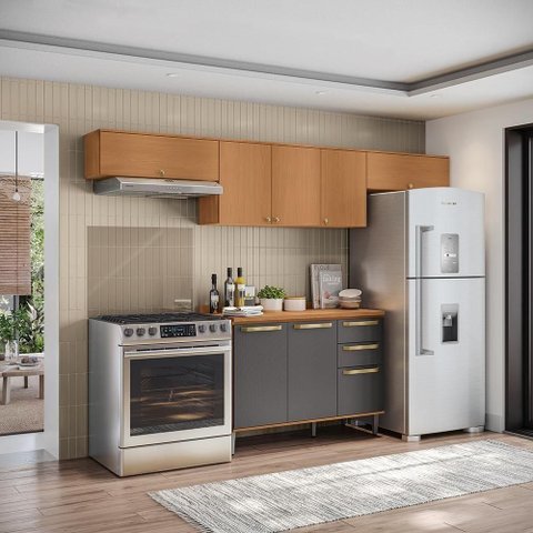 Armário de Cozinha Elara 3 Portas 3 Gavetas MDP 280cm Canela e Preta Kappesberg