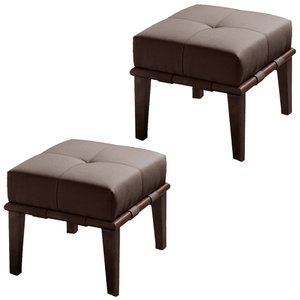 Kit 02 Puffs Decorativos 45cm Martínez Linho Pés Madeira Marrom/Natural - Gran Belo