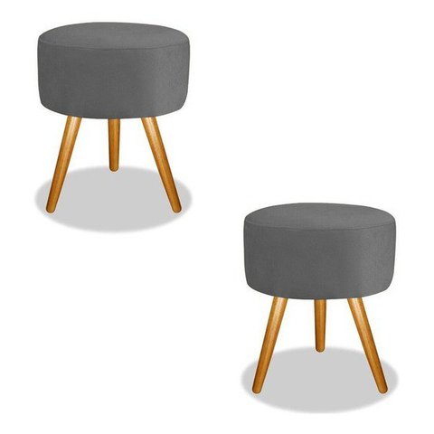 Kit 02 Puffs Redondo Corano Cinza Pés Palito