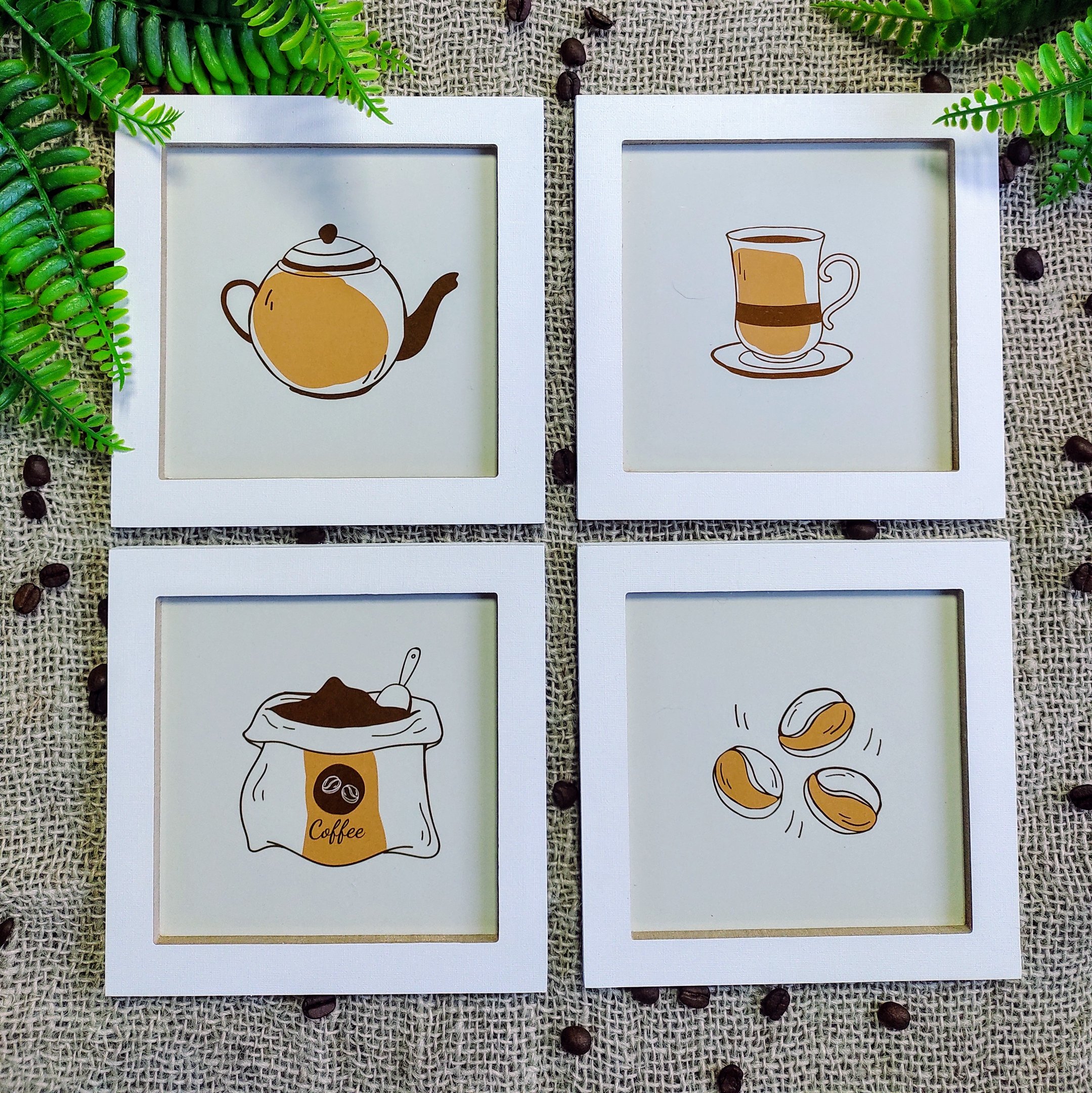 4 Quadros Decorativos Café Desenhos Cozinha Copa MDF 15x15:Branco