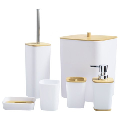 Kit Banheiro Lavabo Escova Lixeira 6 Peças / Tampa Bambú Pgb Branco