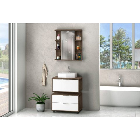 Gabinete para Banheiro MDP com Cuba Espelheira e Módulo com Rodízios Branco Avelã:Branco/Avelato