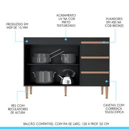 Balcão de Pia Sabrina 120 Cm Armário de Cozinha Mdp Preto Texturizado 0449 - Menu - 3