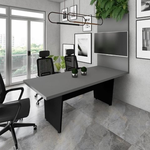 Mesa de Escritório e Painel de TV F5 sem Gavetas 200cm Cinza Sagrado com Preto F5 Office