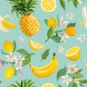 Papel de Parede frutas tropicais com limão, banana, abacaxi, frutas, folhas, flores de fundo. ilustr - 1