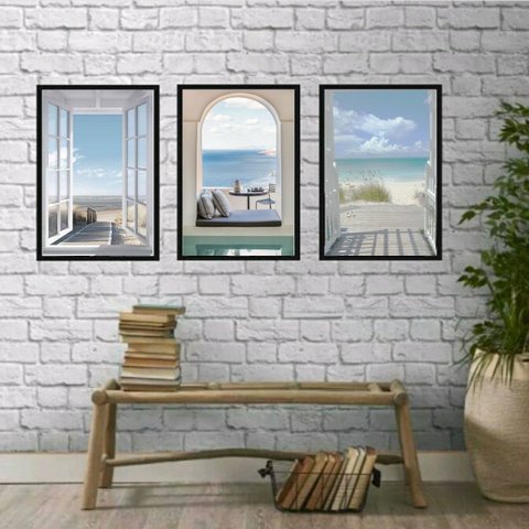 Kit 3 Quadros Decorativos Fotografias Janelas praia 24x18cm - com Vidro:madeira Preta