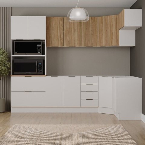 Cozinha Planejada 7 Peças sem Tampo com Rodapé Ipanema CabeCasa MadeiraOriginals Branco/Acácia