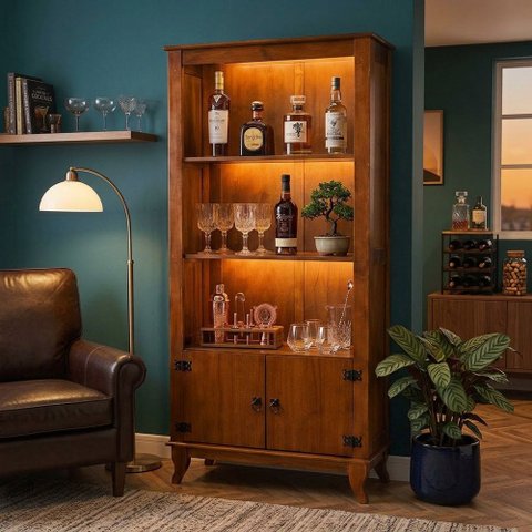 Crislaleira Barzinho Adega LED Madeira Maciça 2 Portas e Prateleiras Vintage Rubi Imperial Castanho