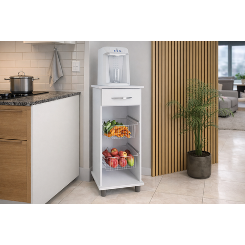 Fruteira Régia com 2 Cestos Metálicos e 1 Gaveta Compacta e Moderna:branco