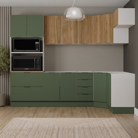 Cozinha Modulada 7 Peças sem Tampo com Rodapé Ipanema CabeCasa MadeiraOriginals Verde/Folha/Acácia