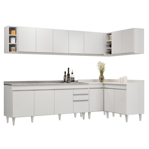 Armário de Cozinha Modulado de Canto 7 Peças Cp36 com Pia Inox Branco - Lumil Lumil Móveis