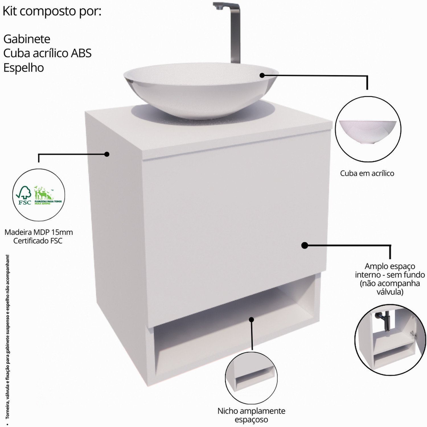 Gabinete Armário para Banheiro com Cuba e Espelho 40cm - 5